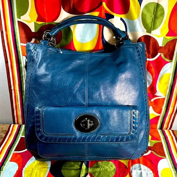 バッグ Vintage Coach Turnrock Blue Daypack Coach Blue Refined Pebble Leather Turnlock Tie Rucksack